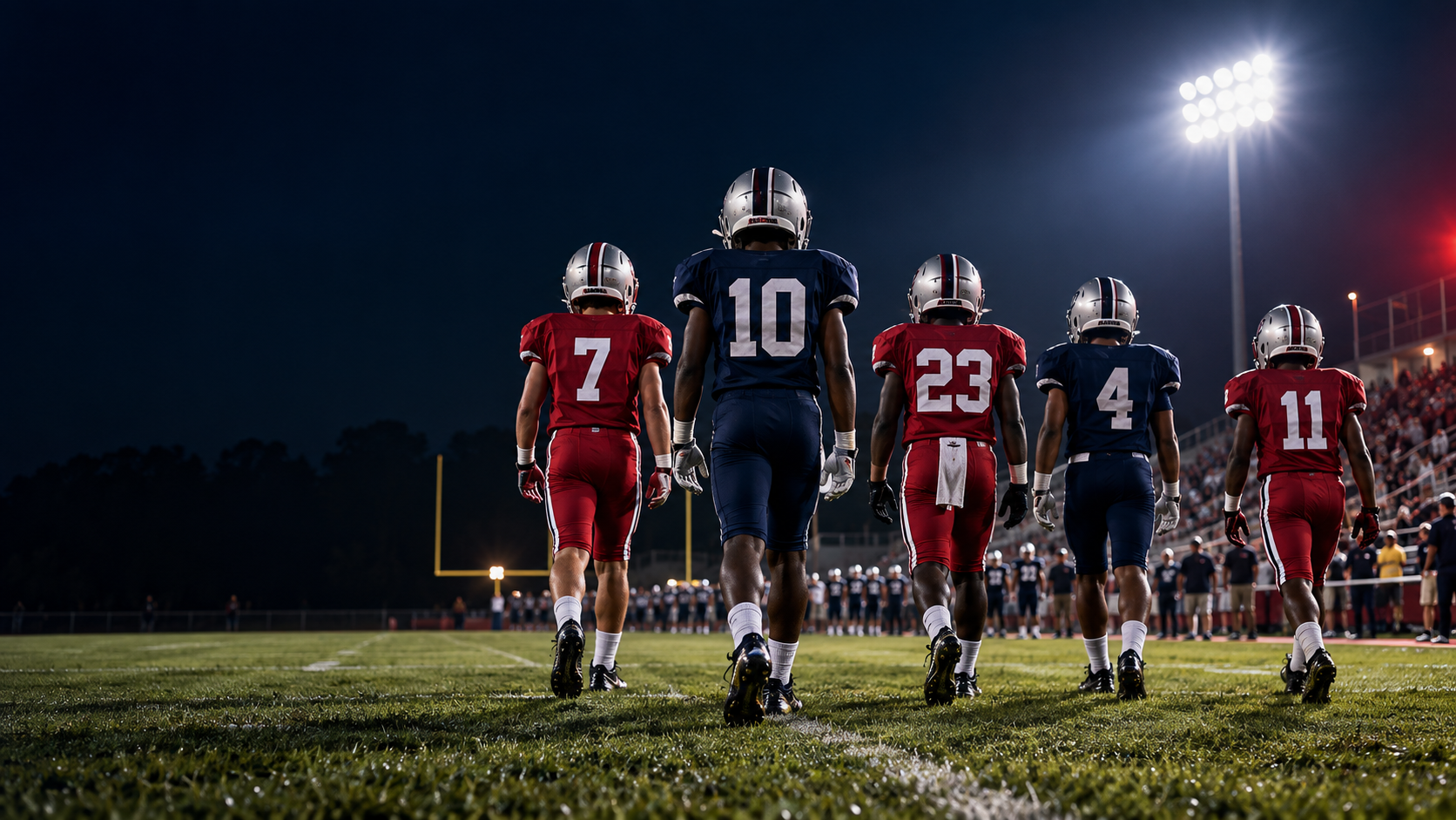 Youth football players walking onto a stadium field under the lights